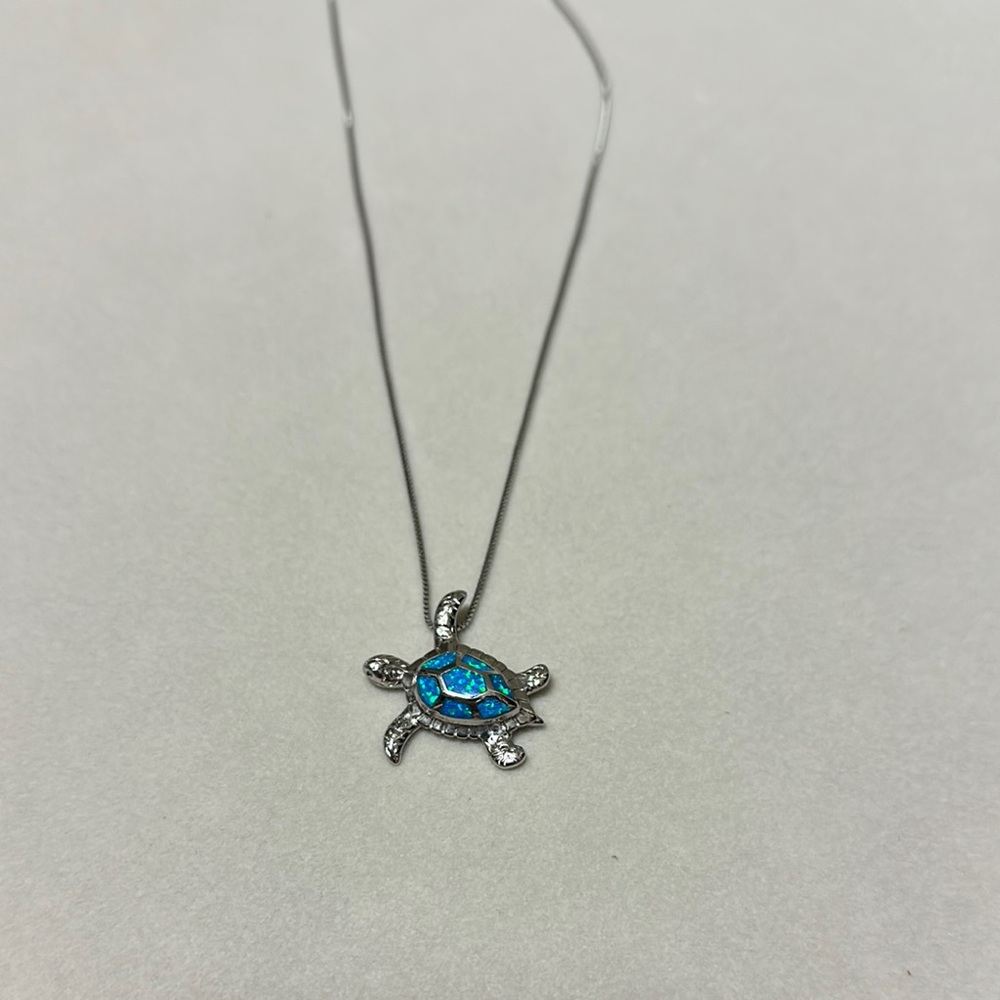 Sterling Silver Turtle Pendant Necklace with Blue Accents - Picture 5 of 6